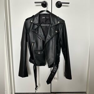 Zara black leather jacket with belt